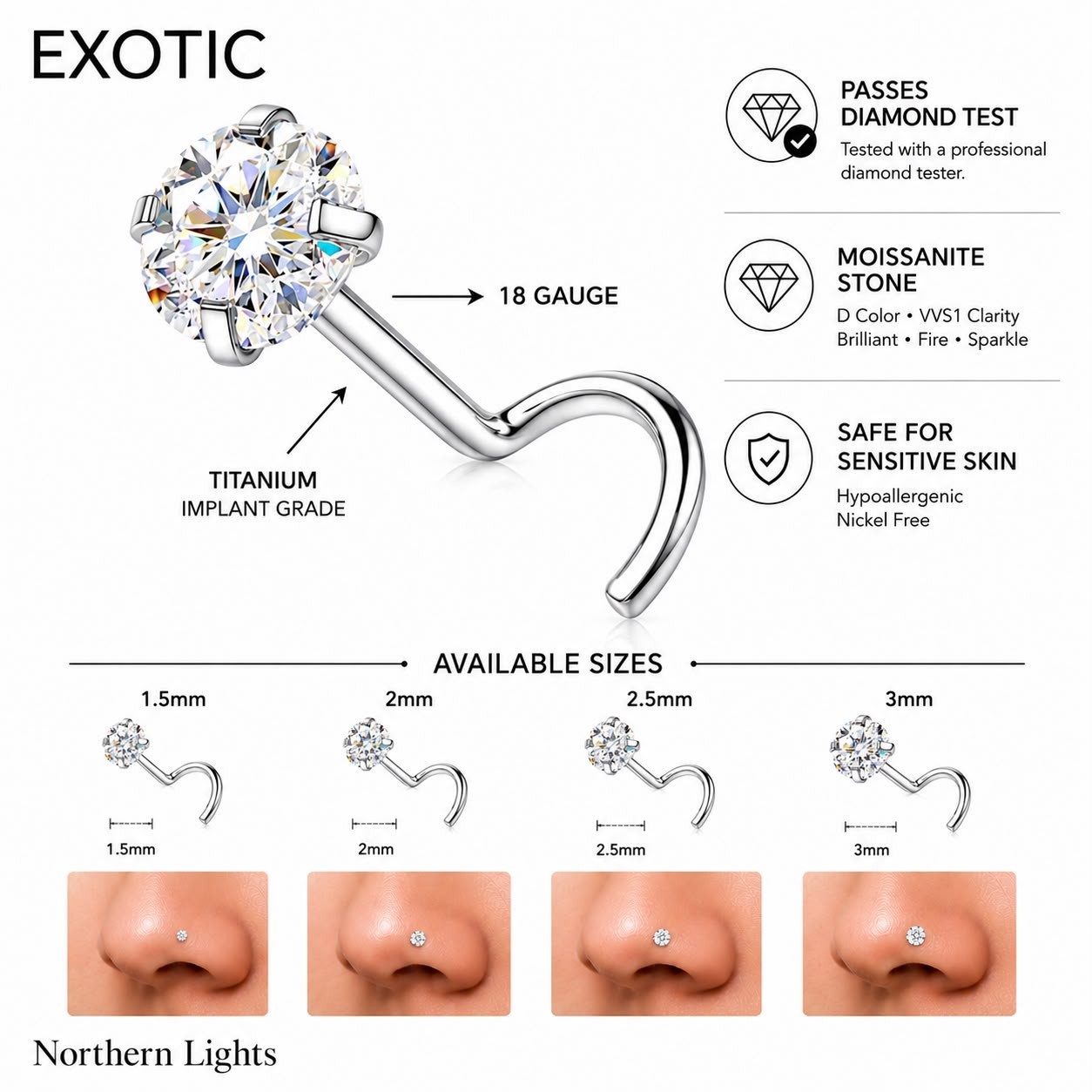 Moissanite Titanium Nose Stud Corkscrew shape 18 Gauge comes with GRA CRD