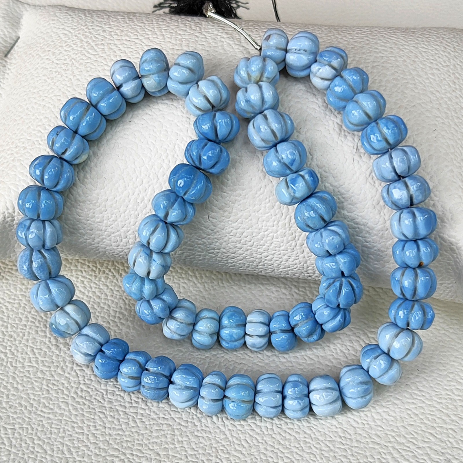 Blue Opal 8-10mm Pumpkin Carved Beads 15″ Strand Peruvian Gemstones for Jewelry