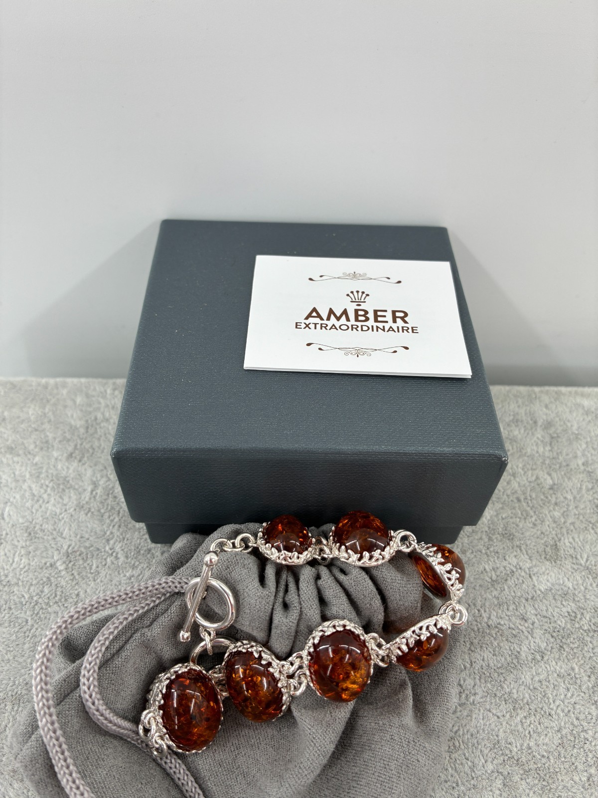 Baltic Amber Extraordinaire Cognac Orange Toggle Bracelet Sterling 925 6-6.75in