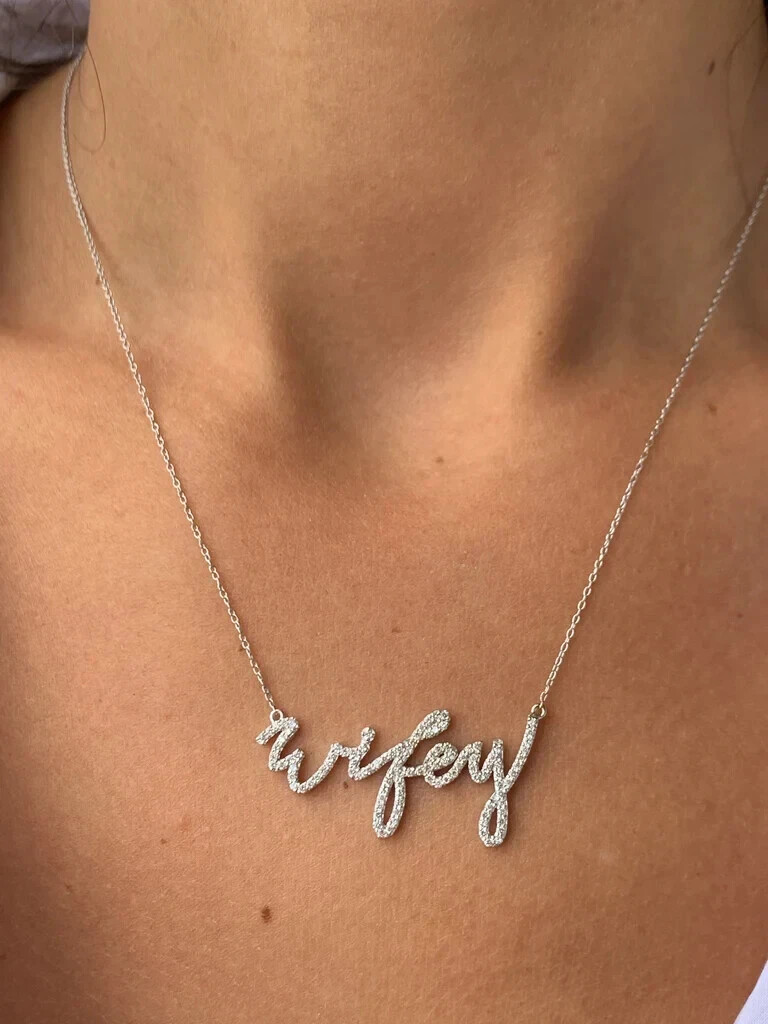 3Ct Round Lab Created Diamond ‘Wifey’ Customize Pendant 14K White Gold Plated