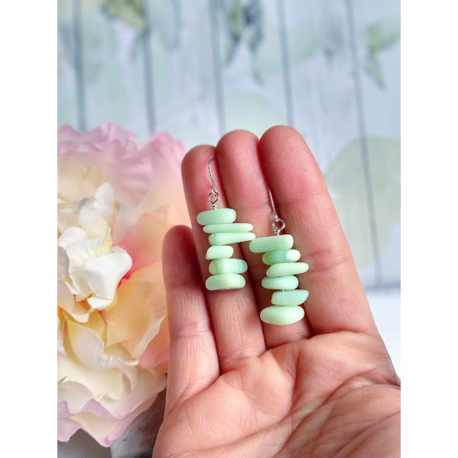 Mint Green Frosted Sea Glass Dangle Earrings Silver Beach Jewelry Gift