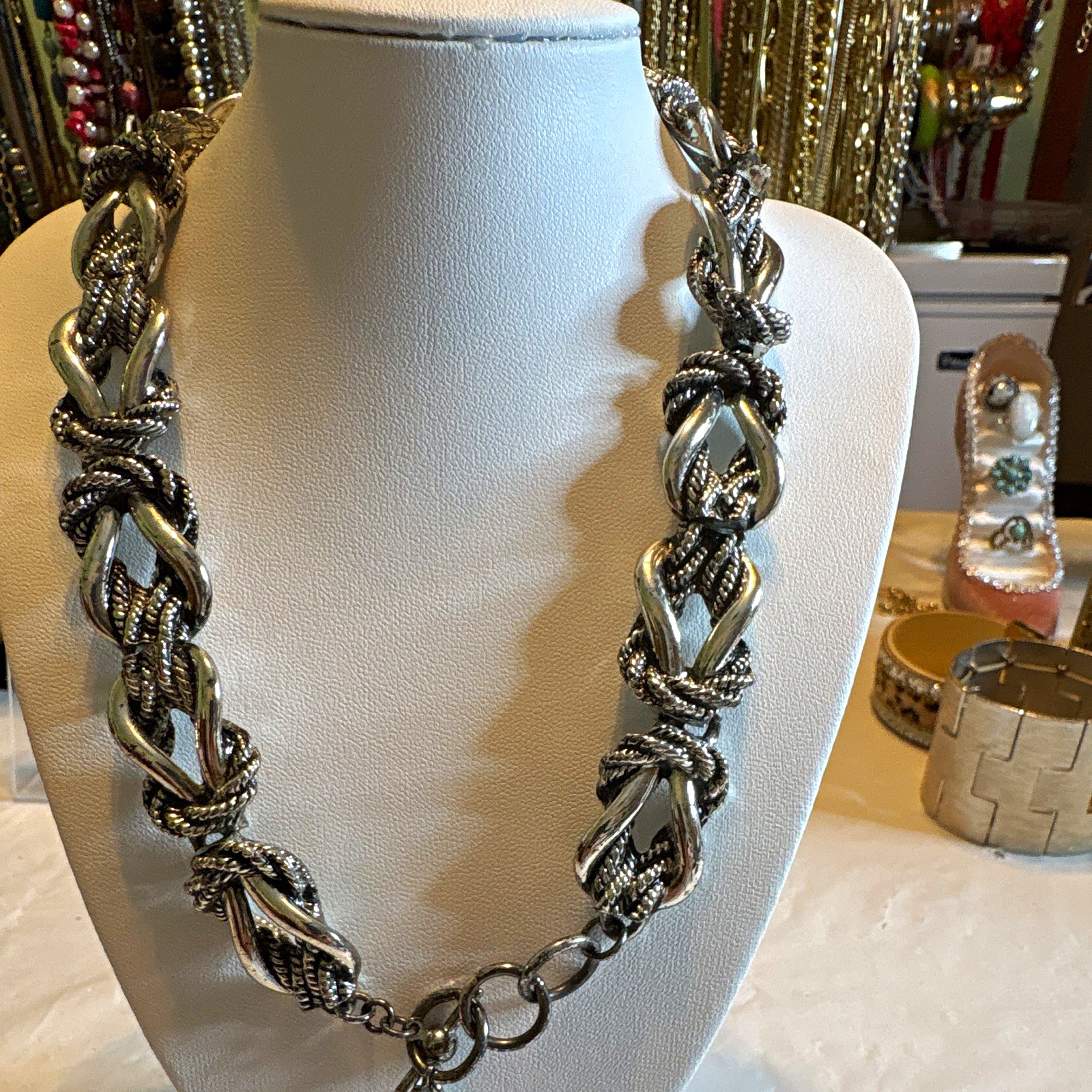 DKNY Silver-Tone Chunky Link Chain Statement Necklace Toggle Round Charm Signed