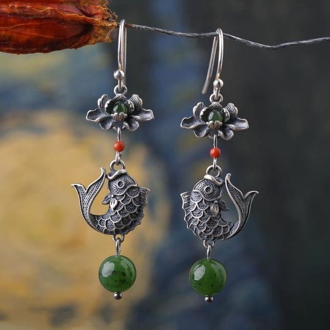 Koi Fish Lotus Earrings Chinese Style Silver-Plated Women’s Earrings
