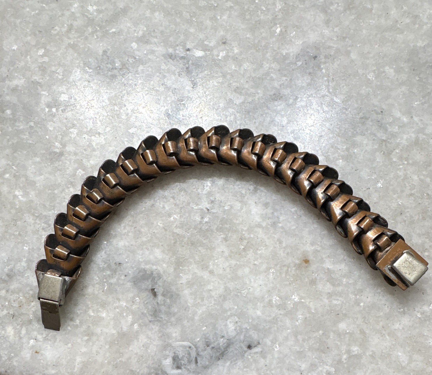 Copper Tone Leaf Link Bracelet, Box Clasp Closure, Nature Theme, 1940-1950’s