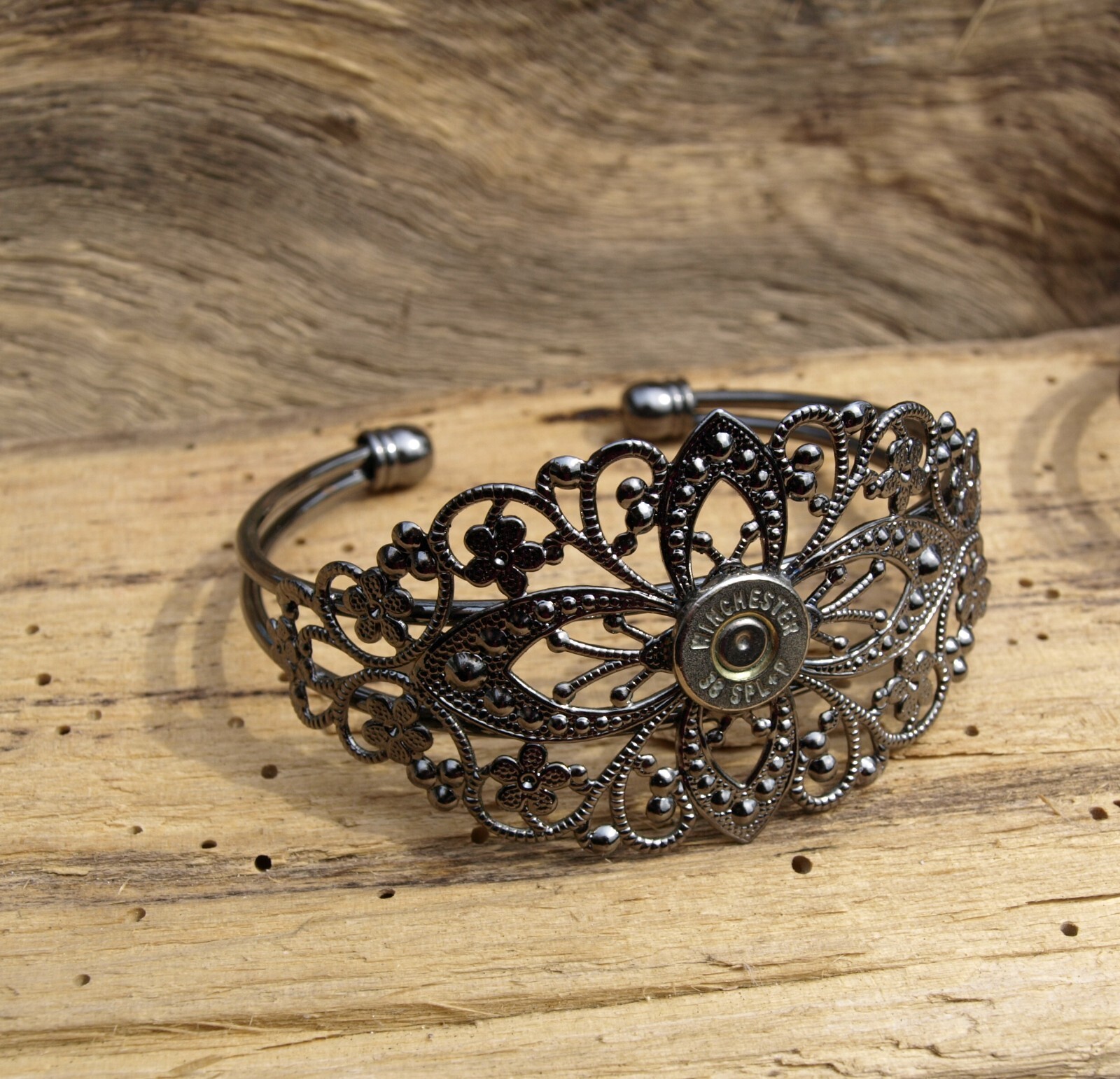 Antique Silver Filigree BULLET Bracelet. Optional Glass Crystal