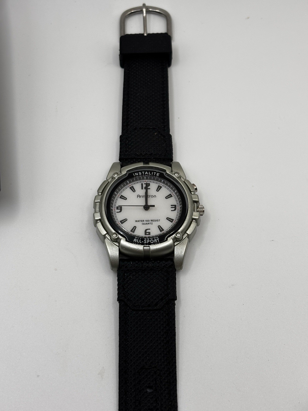 Armitron Instalite Watch Men 30m Silver Black Plastic Battery Light White Quartz