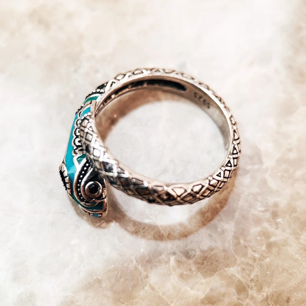 925 Sterling Silver Snake Ring Blue Green Enamel Adjustable