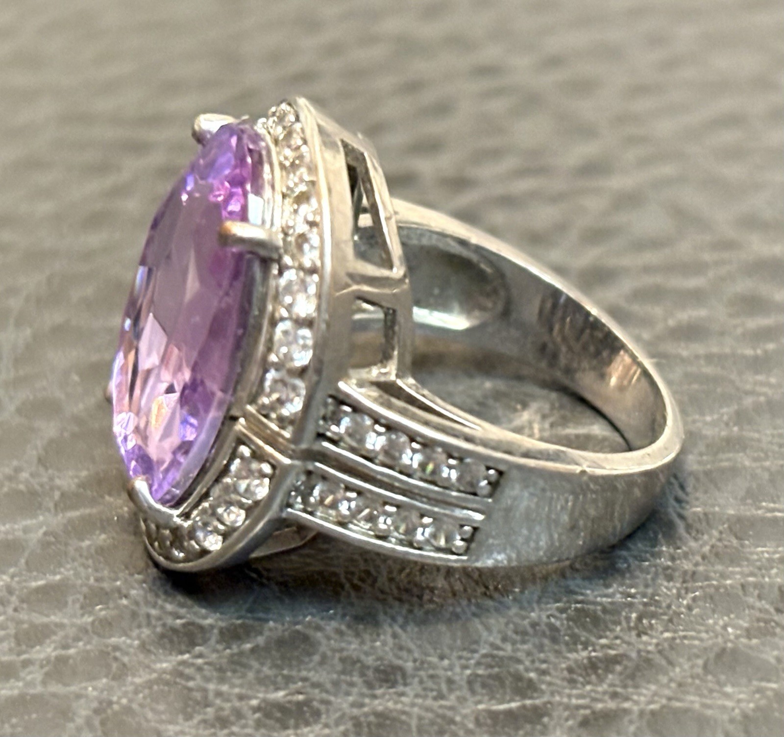 HUGE Faux Amethyst Crystal Rhinestone Statement Cocktail Silver Plated Ring 6.25
