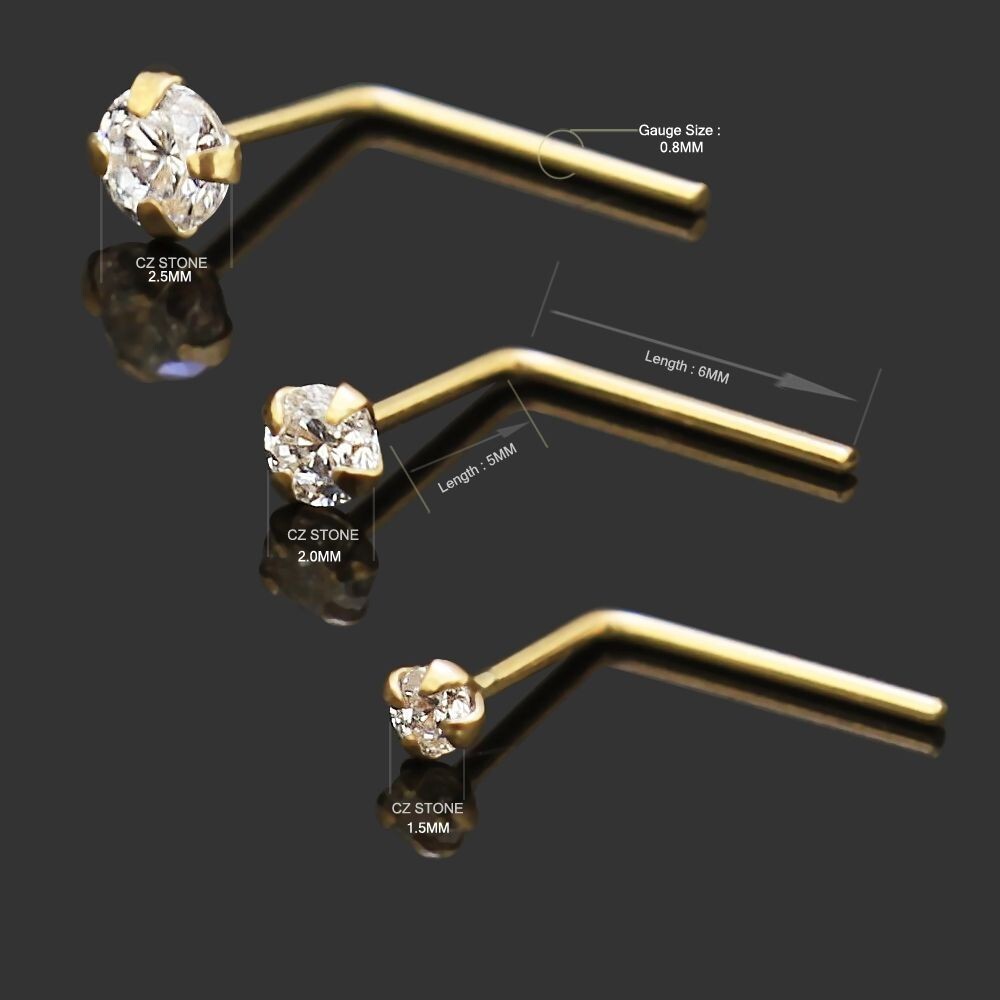 1x 22g 9K Solid Yellow Gold 2mm CZ Gem L-Shaped Nose Ring Stud Pin Bar 9KNS008