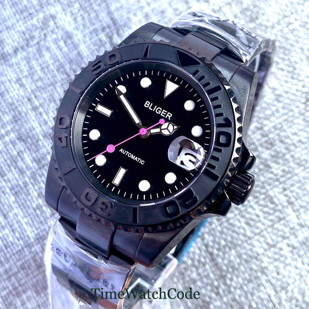 40mm Sapphire Automatic Mechanical Mens Watch NH35 Date Black PVD Steel Bracelet