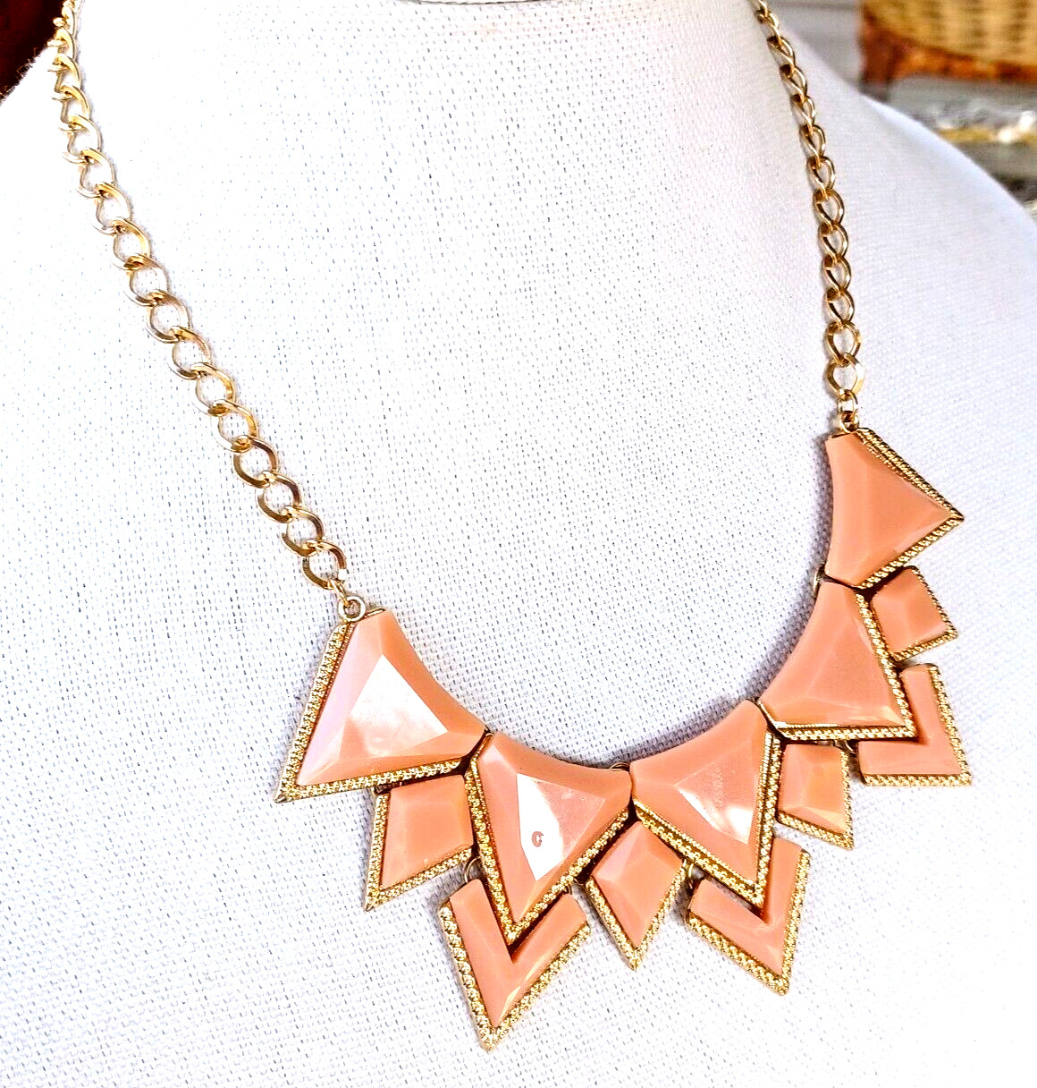 Necklace Statement Choker Geometric Art Deco Peachy Pink Gold Tone Vintage