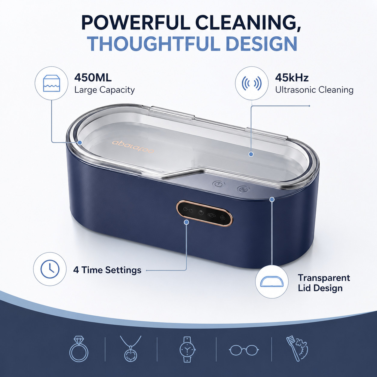 Ultrasonic Jewelry Cleaner Machine 450ML, 45kHz with 4 Time Settings for Rings,