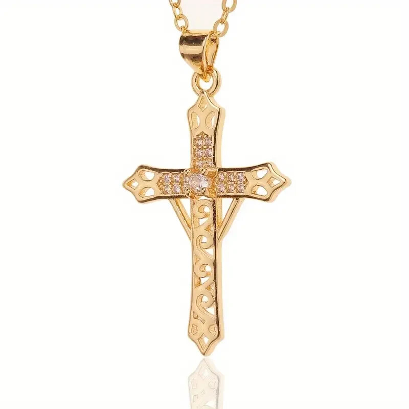 Exquisite Hollow Pattern Infinity Cross Pendant Necklace Girls Cubic Zircon Gift