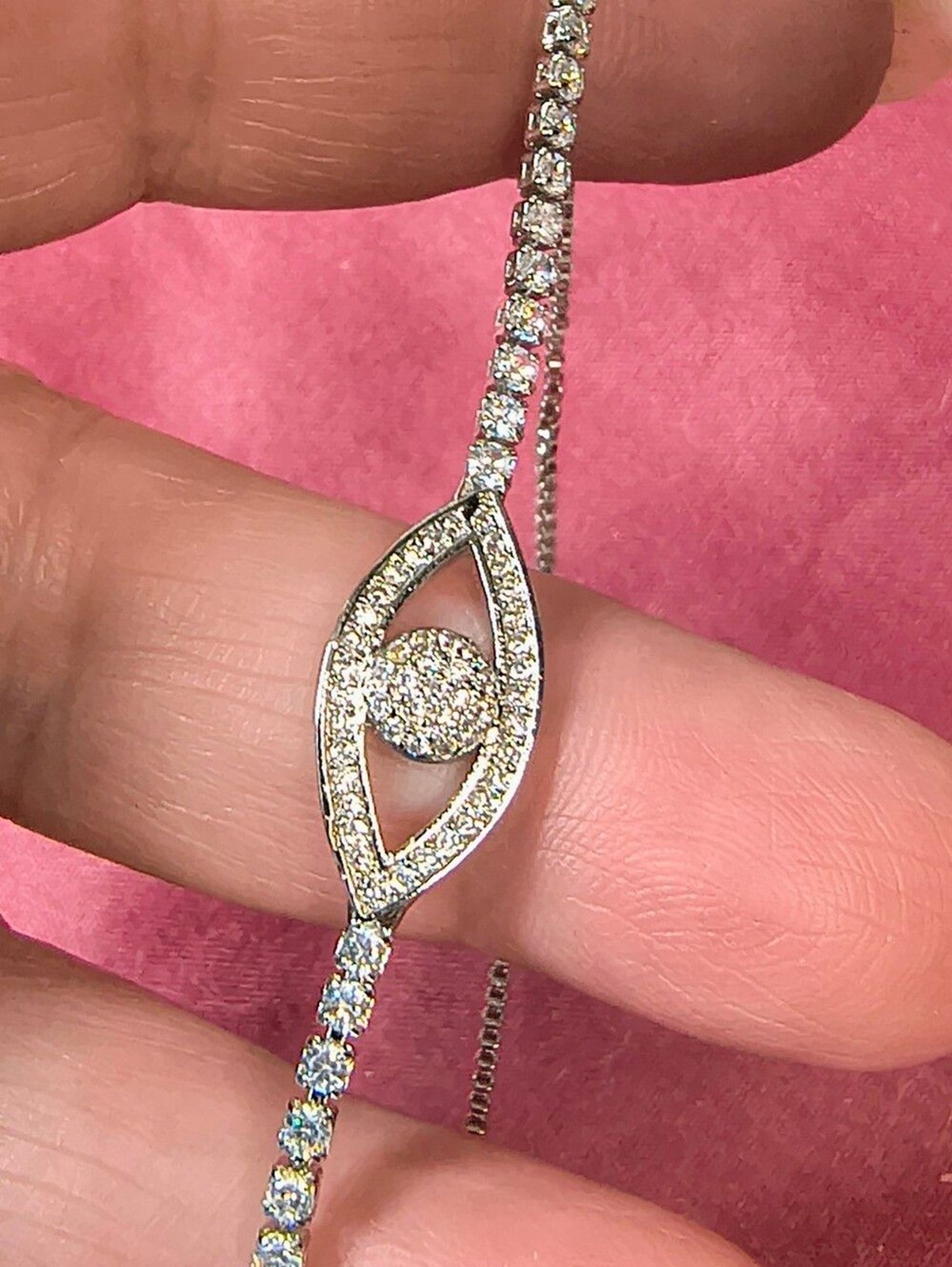 Evil Eye CZ Tennis Bracelet Rhodium Plated Stainless Steel Bolo Slider New