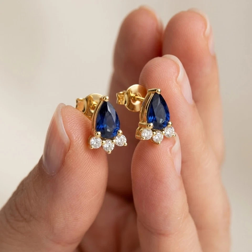 3.29 Ct Pear Cut Blue Sapphire Earrings Gift Earrings 14K Yellow Gold