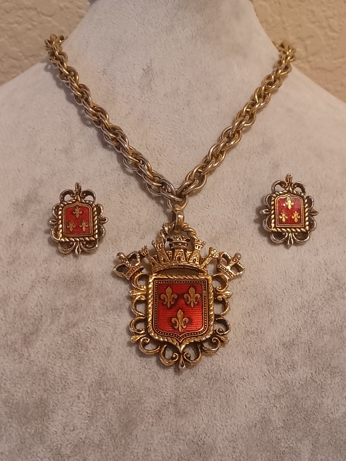 Vintage Fleur-De-Lis Necklace Earrings Medallion Coat of Arms Eagle Crown