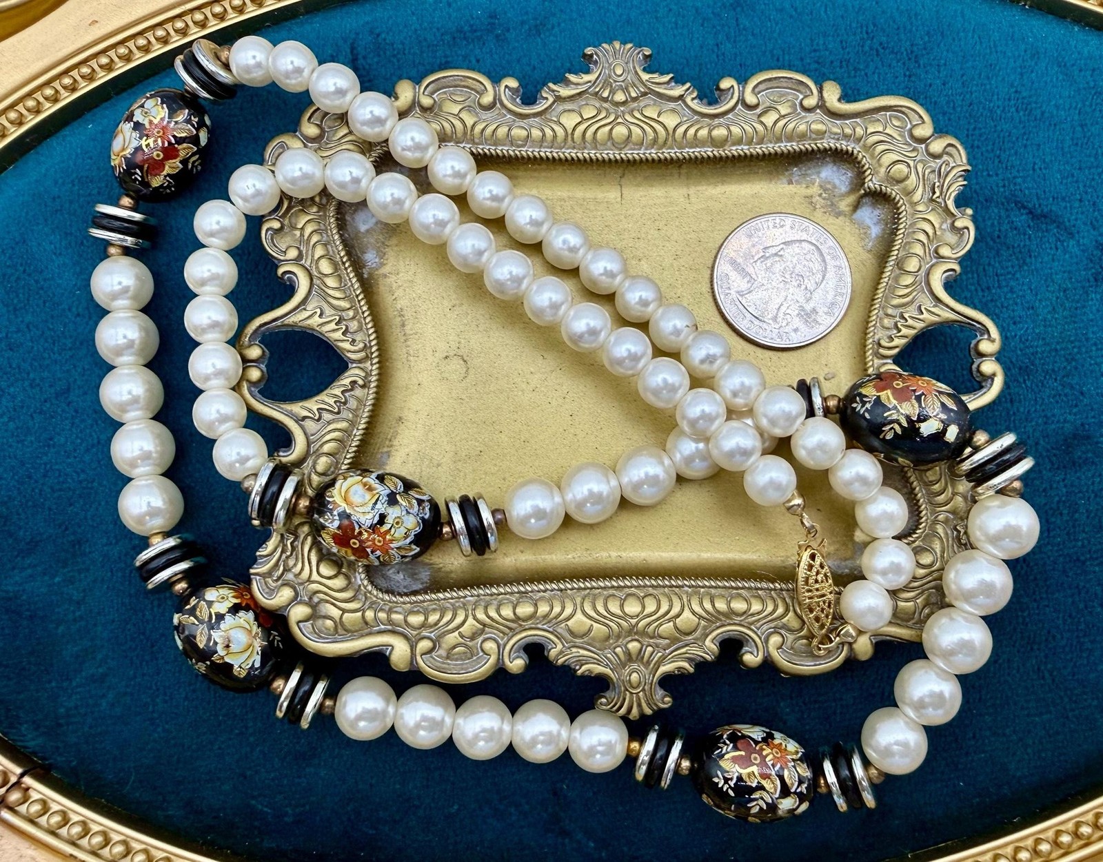 Vintage Faux Pearl Necklace, Black Floral Cloisonné Style Beads, 1980s Statement