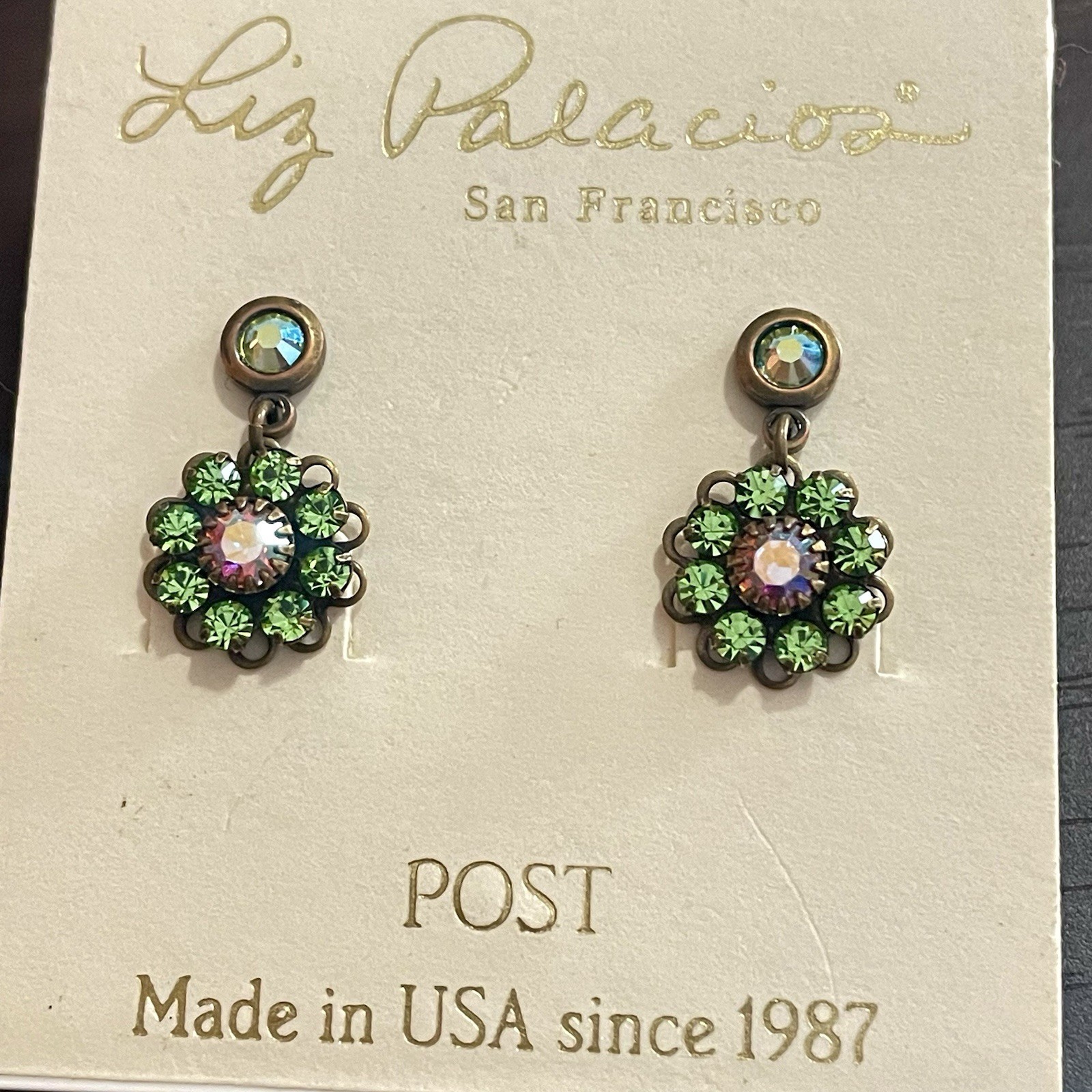 Liz Palacios Dangling Flower Earrings – Peridot/ab Swarovski Crystals POST
