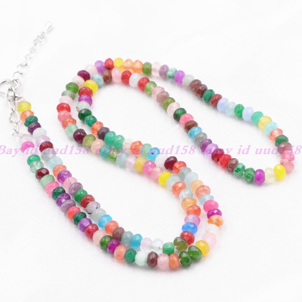 Natural 2x4mm Faceted Multicolor Jade Roundelle Gems Necklace 18″ Silver Clasp