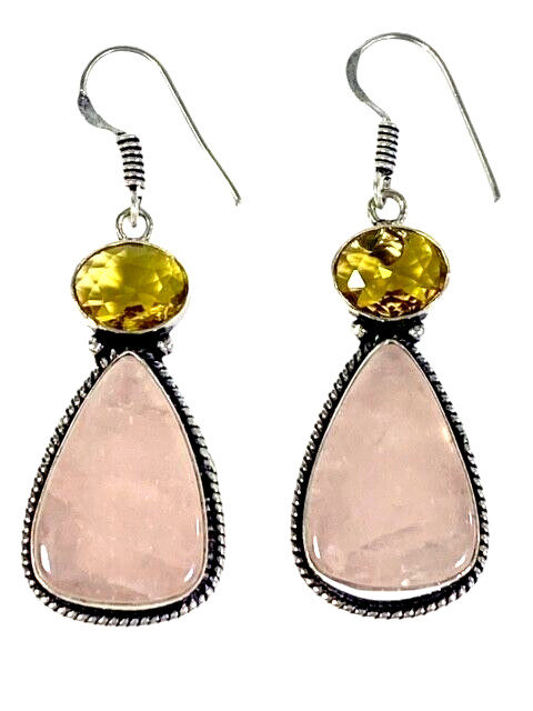 Rose Quartz & Faceted Citrine Teardrop Earrings Double Gems Handmade 12gm 2.8 in