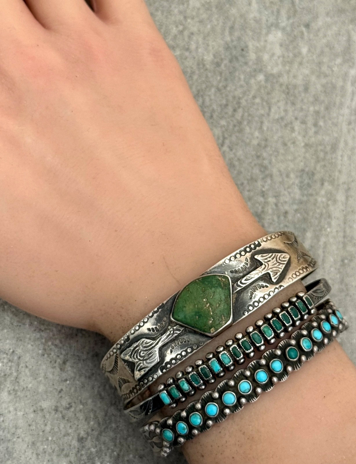 Vintage 40s FRED HARVEY era Navajo ARROW Turquoise Silver Bracelet 7.25 in