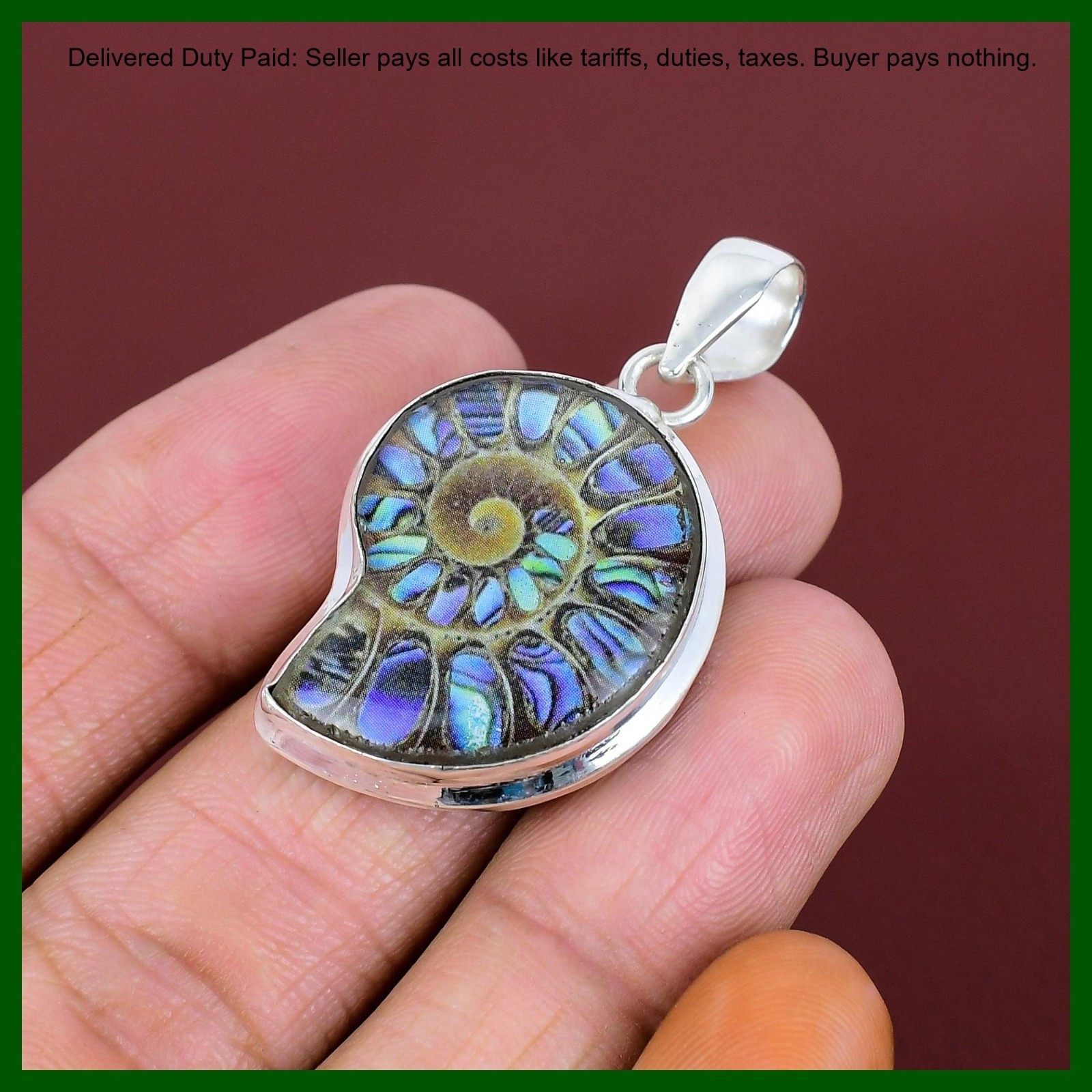 925 Silver Abalone Shell In Ammonite Doublet Opal Gemstone Bezel Pendant Jewelry