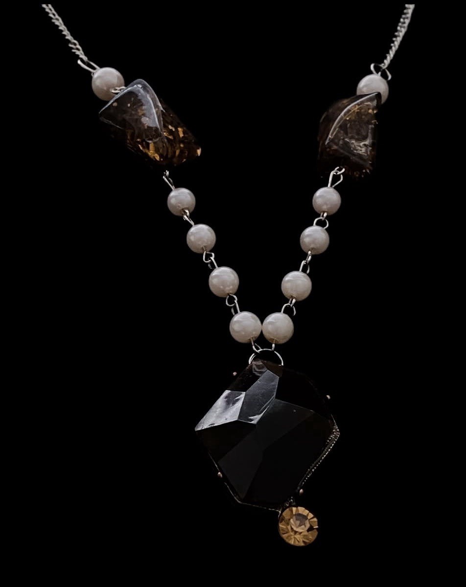 Faux Pearl + Smoky Quartz-Style Pendant Necklace