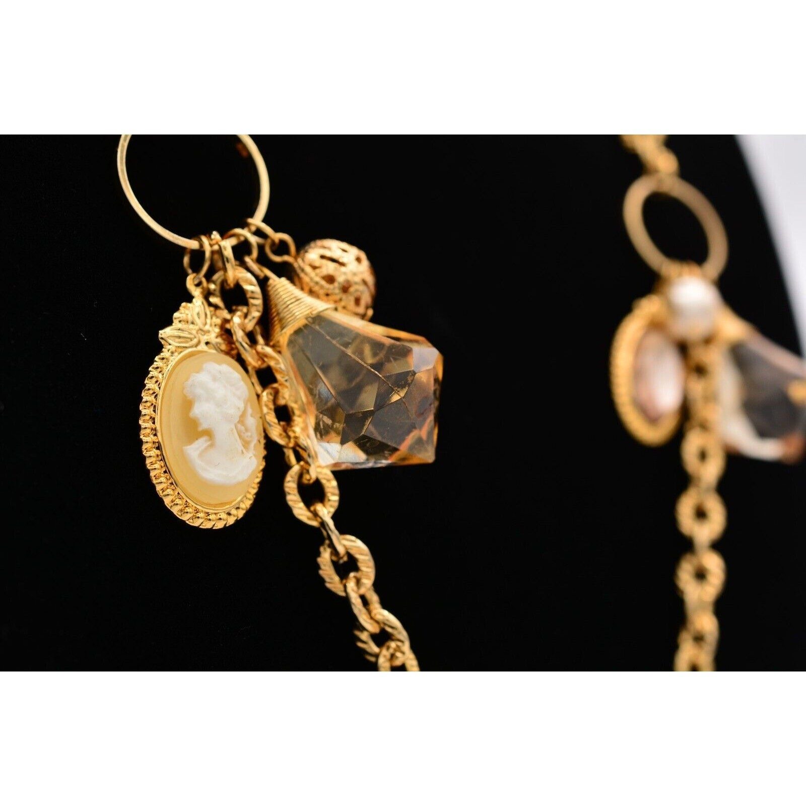 Vintage Station Cameo Necklace Charm Beaded Crystal Gold Chunky 1990s Bin4B