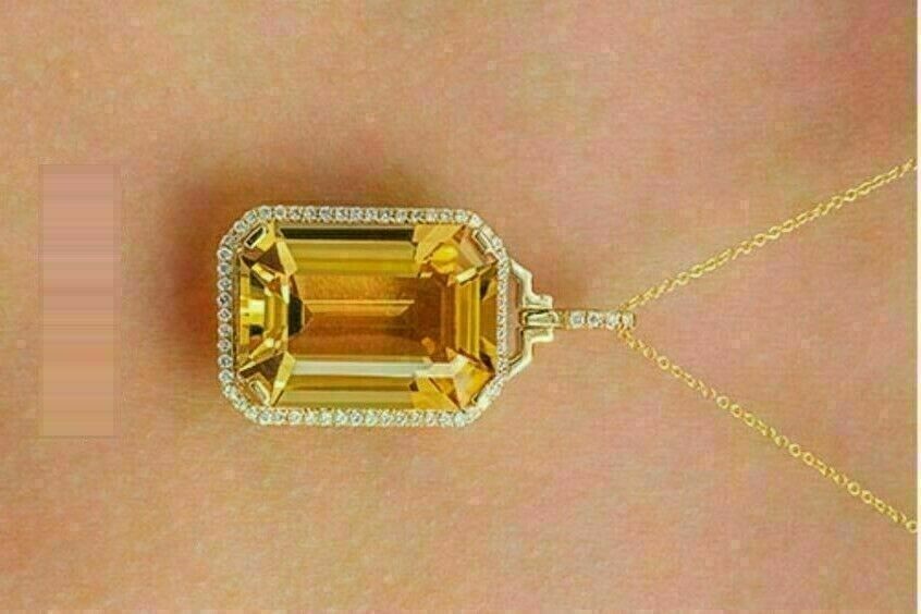 3.50Ct Emerald Cut Citrine & Diamond Halo Women’s Pendant 14K Yellow Gold Finish