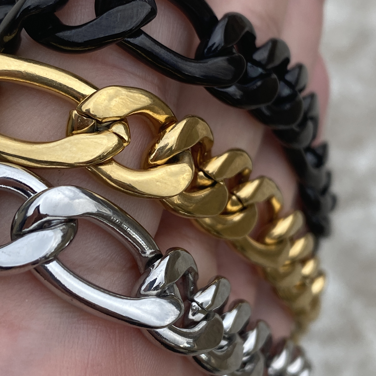 Stainless Steel Figaro Bracelet 24k Gold Plated, Silver, or Black 8.5″ 12 MM