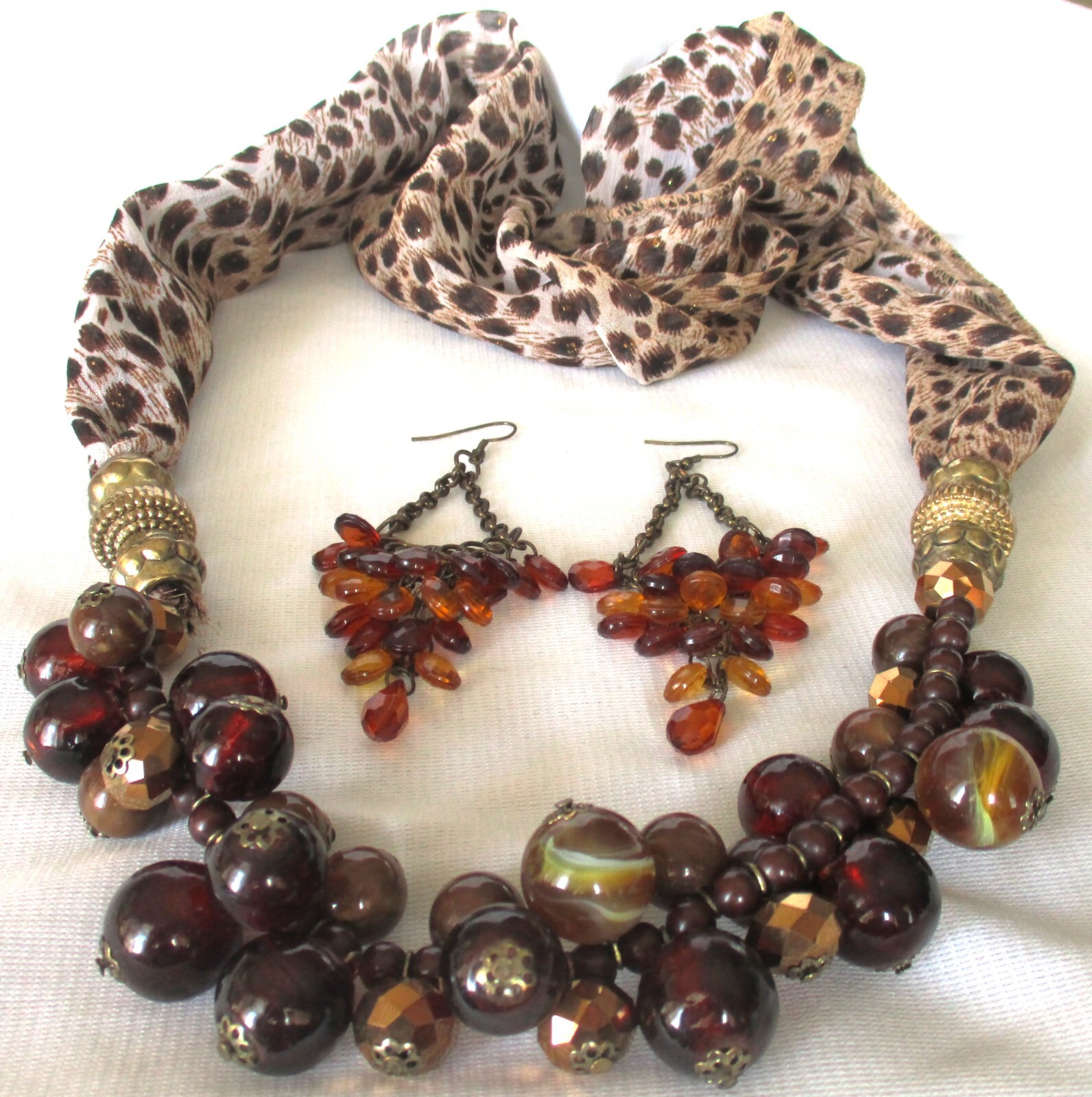 Elegant Golden Brown Aurora Crystal & Acrylic Bead Necklace & Pierced Earrings