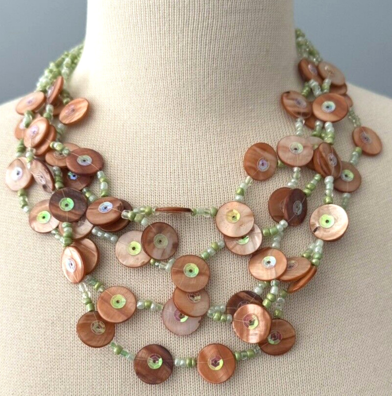 JOAN RIVERS 18″ Green 5 STRAND Coral Disc BUTTON NECKLACE Bead 3″ Extender