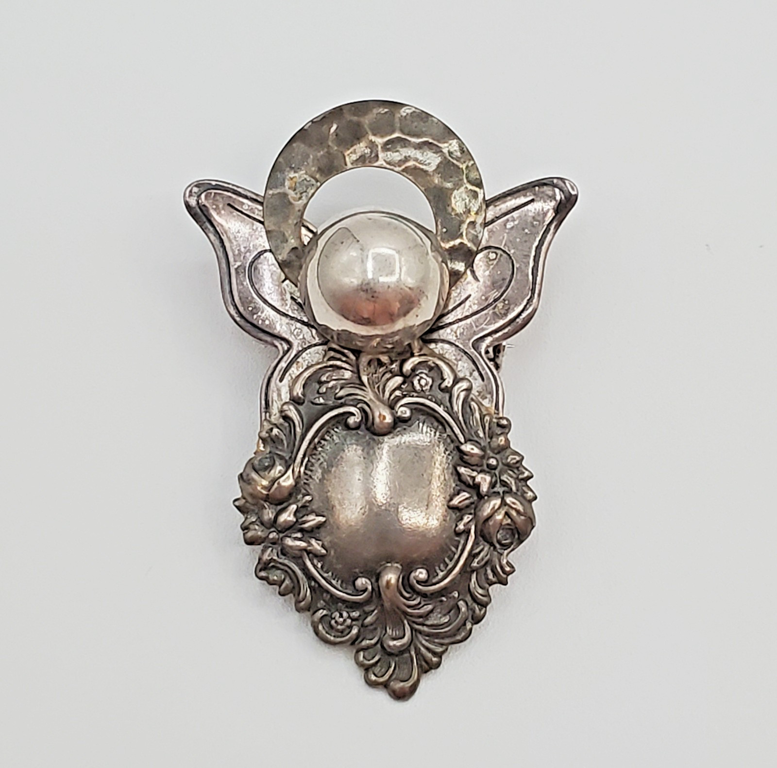 VTG Angel Brooch and Pendant Combo 2.5in Hammered Silver Tone Scroll Steampunk
