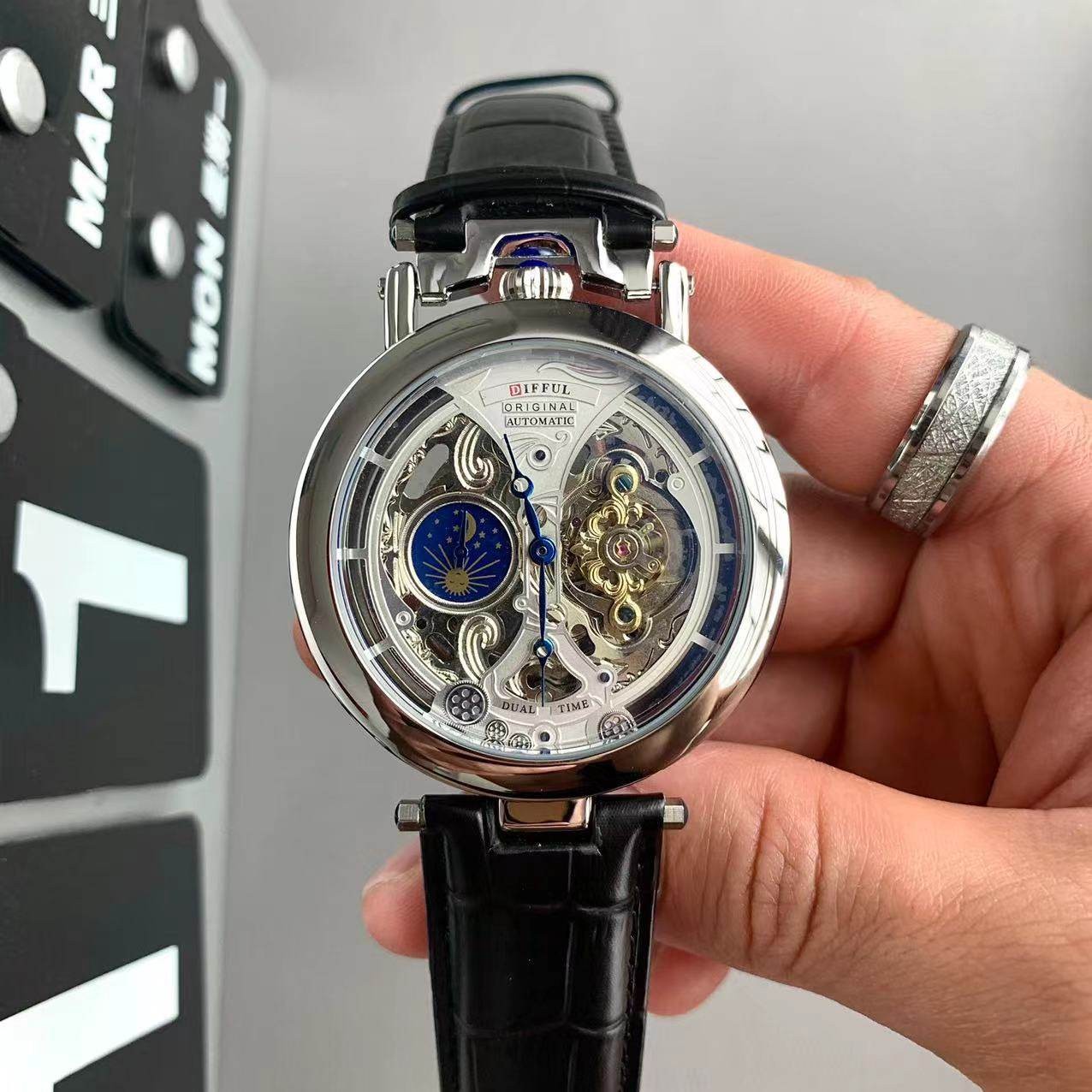 Automatic Skeleton Men Watch Moon‑Phase Large Dial Tourbillon Style Wristwatch