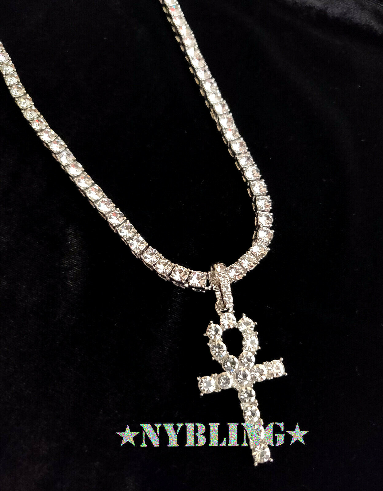 Hip Hop Gold Plated Tennis Chain ANKH Pendant Choker ICED Necklace CZ Jewelry