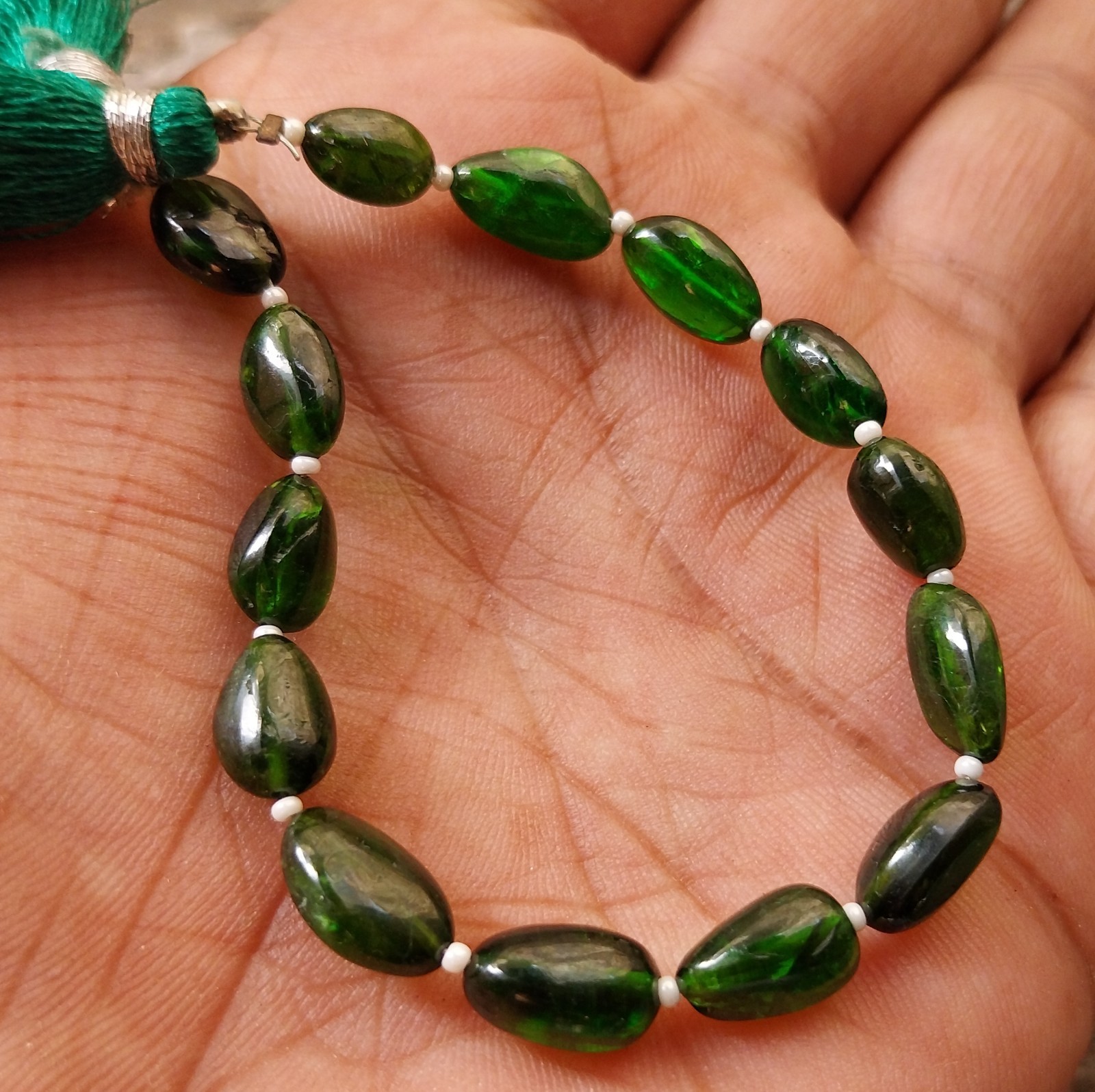 41 Carat Natural Deep Green Chrome Diopside Tumbled Shape 6 inch Beads Gemstone