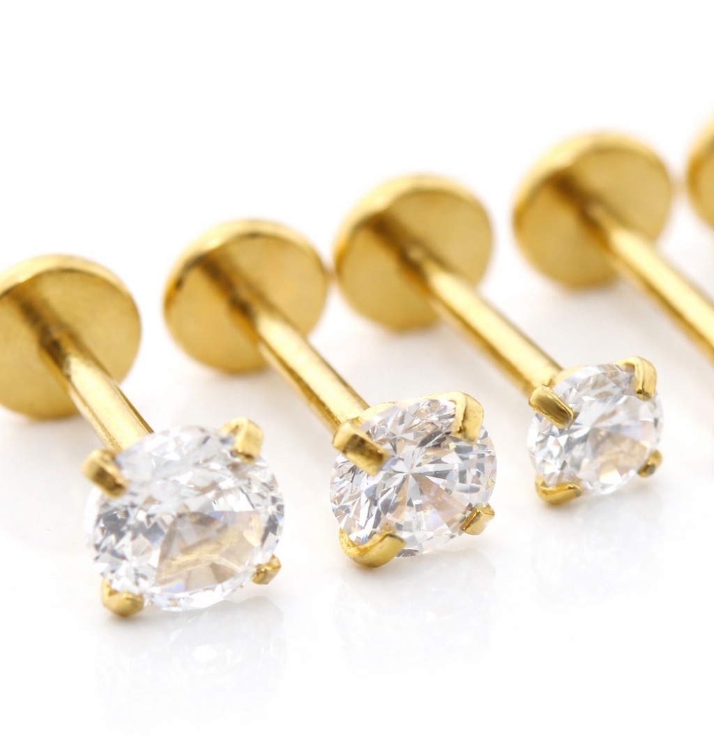 Gold PVD Threadless Flat Back Stud Earring-Cartilage Nose Ring-Tragus Piercing