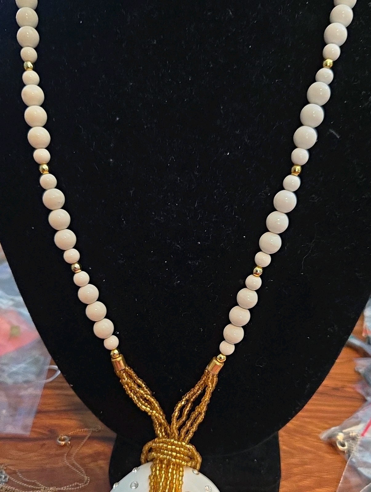 White Beaded Ball Chain Necklace Gold Tone Elephant Charm Pendant Rhinestones