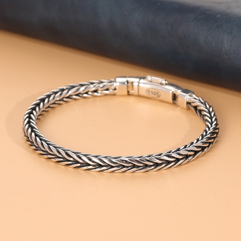 Real S925 Sterling Silver Bracelet Men’s Thai Silver 5mm Square Wheat Link