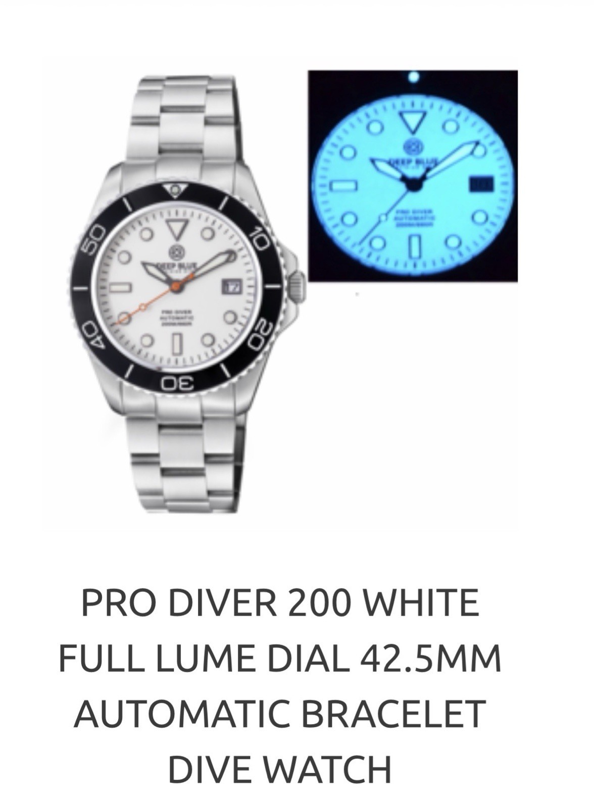 Deep Blue PRO DIVER 200 42.5MM AUTO DIVE WATCH-WHITE FULL LUME DIAL -NEW‼️