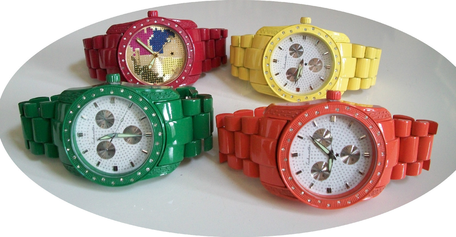 Men’s orange, yellow, green painted metal finish fashion hip hop link watches