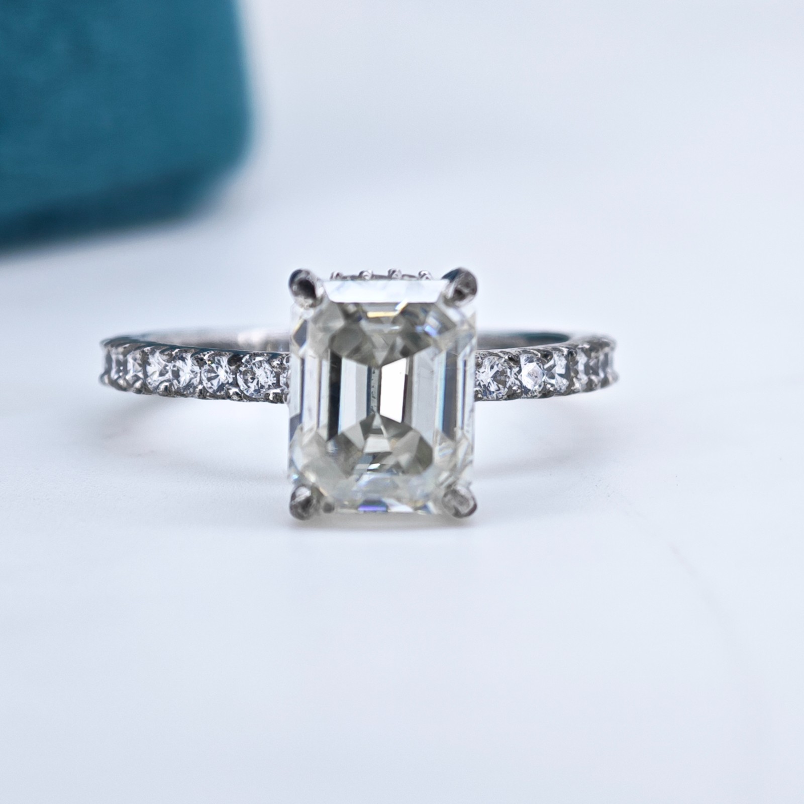 Off White Emerald Moissanite Ring Hidden Halo with Side Accents for Women