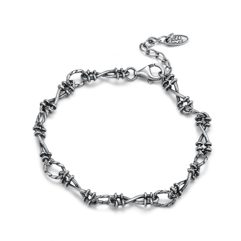 Solid 925 Silver Barbed Wire Style Bracelet Oxidized Thai Silver Punk Jewelry