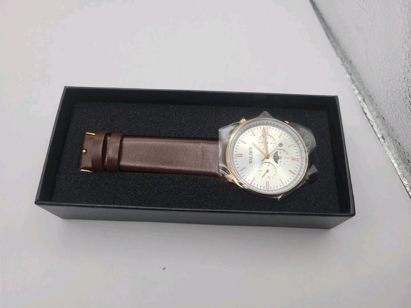 Walden 38mm Moon Phase Men Watch Quartz Rose Gold Tone Brown Band Date New