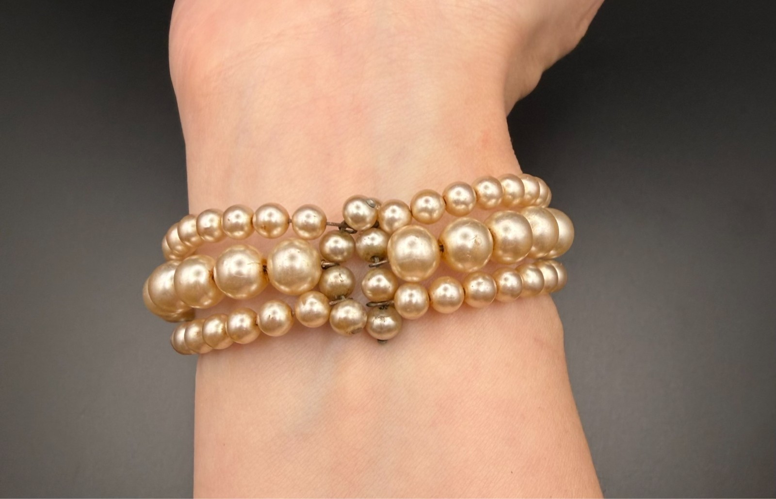 Vintage Multi Strand Faux Pearl Coil Bracelet Champagne Cream Unsigned MCM