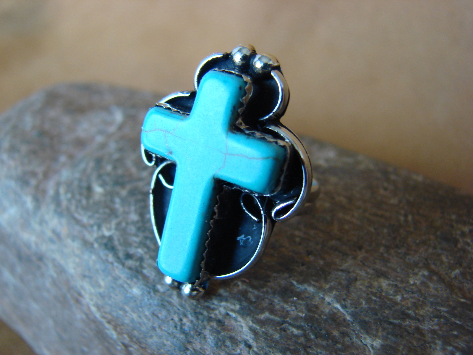Native American Nickle Silver Turquoise Cross Ring Size 7 1/2 by Phoebe Tolta