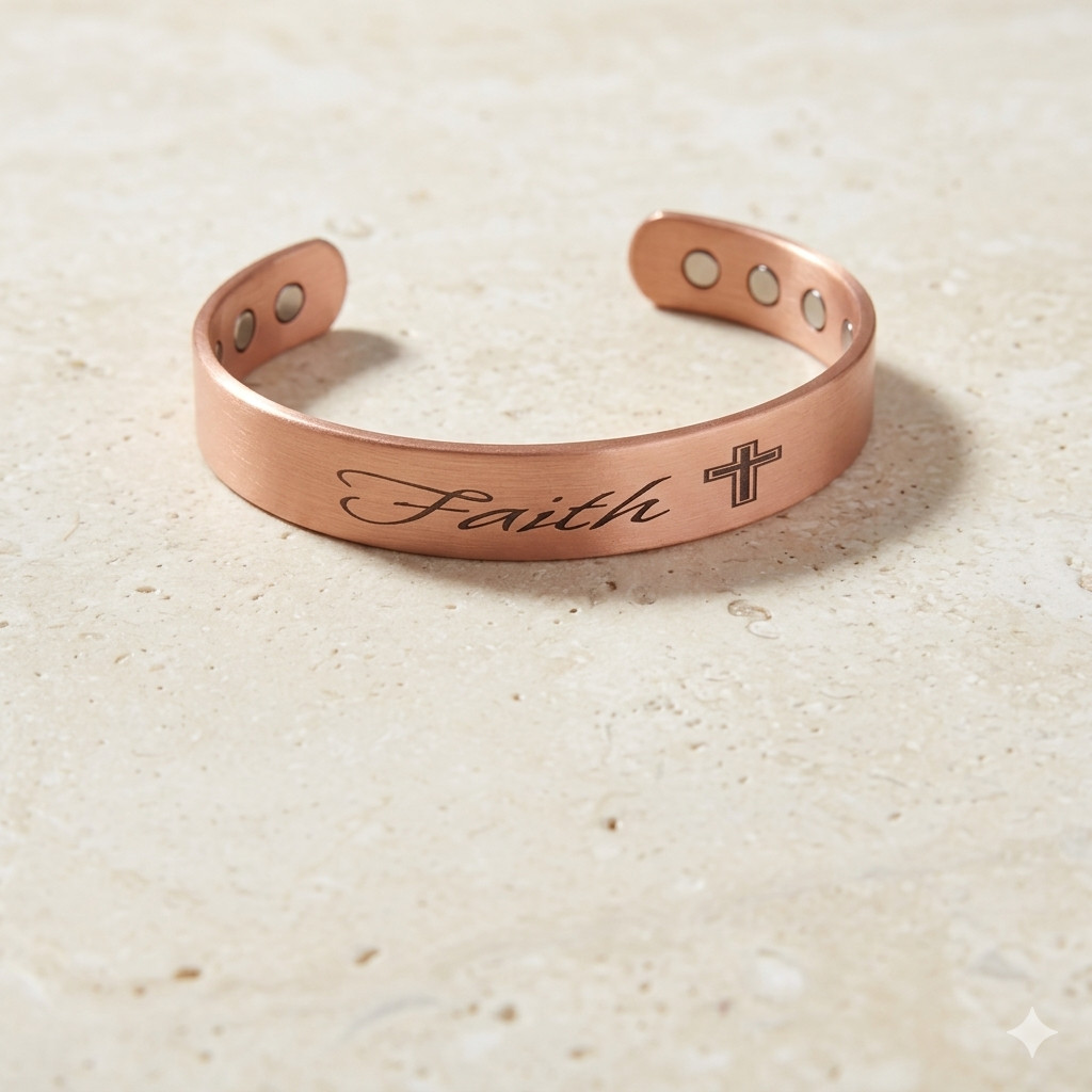 2 Pack Pure Copper Magnetic Bracelet Solid Copper Cuff FAITH CROSS LOVE HEART