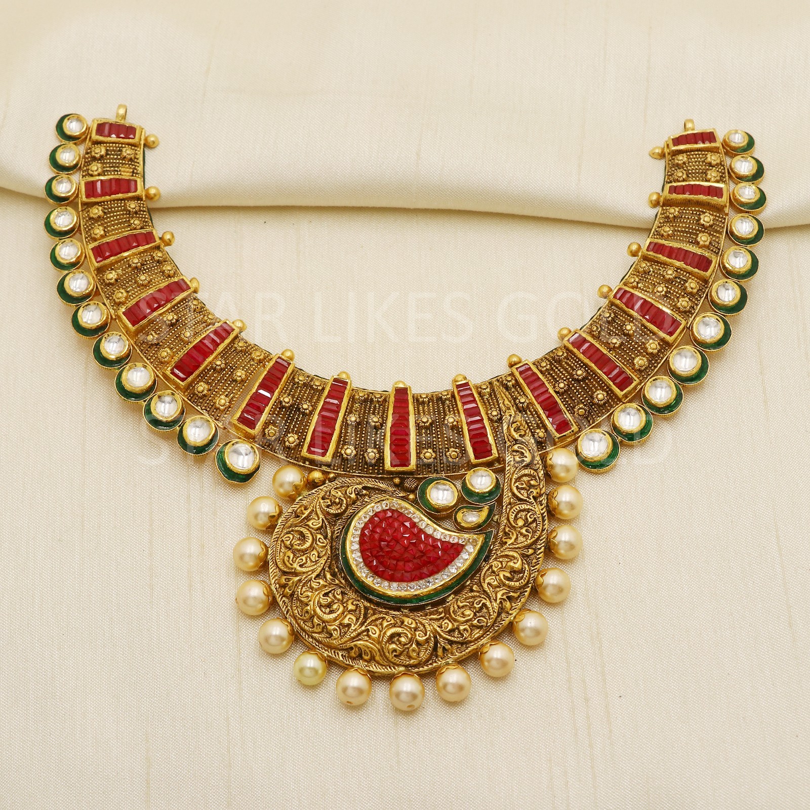 22K Gold Antique Kundan Ruby Glass Paisley Medallion Choker Necklace Set 70.4g