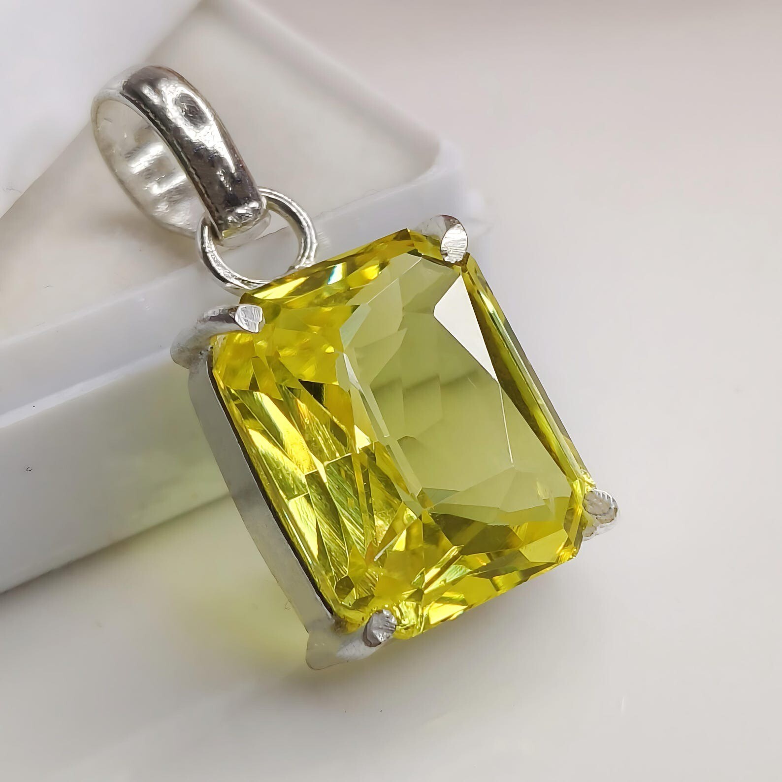 30 Ct Natural Yellow Sapphire Emerald Cut 925 Solid Silver Pendant Gemstone