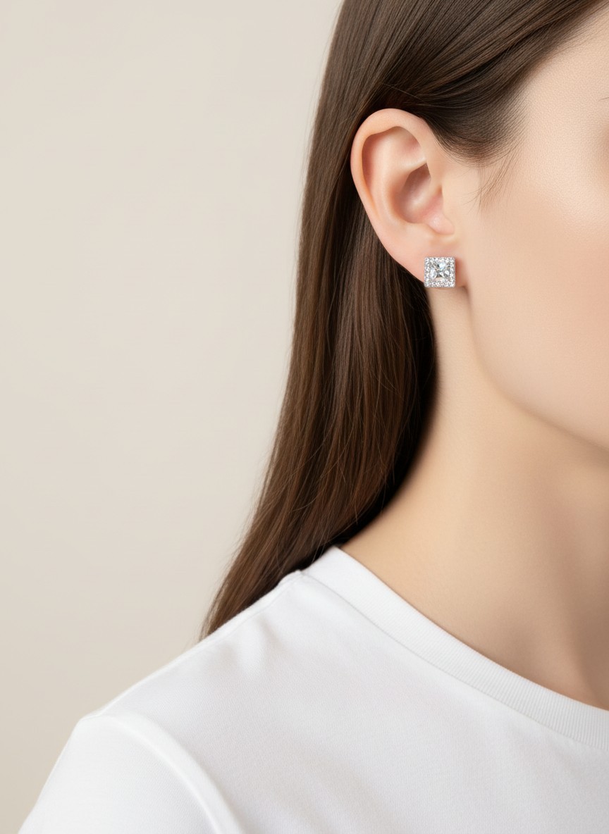 Square Glass Pavé Rhinestone Stud Earrings 0.4in, Gold or Silver Tone
